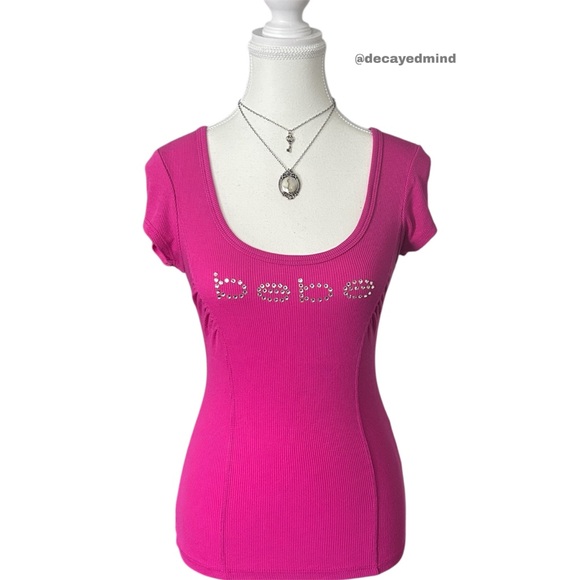 Y2K “Bebe” Magenta Pink Rhinestone Graphic Ribbed Short Sleeve Top - Picture 1 of 5